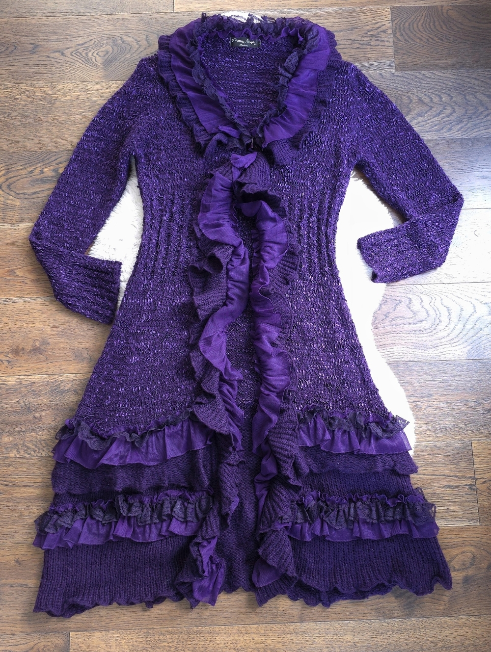 RARE Y2K Pretty Angel Fairy Purple Silk Ruffled Long Duster Cardigan